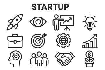 Vector icon set showcasing startup themes, including growth, innovation, and collaboration concepts essential for entrepreneurs