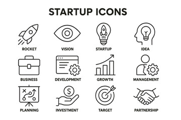 Vector icon set featuring elements of startup culture including business, planning, and partnership themes