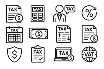 Vector icon set featuring tax-related symbols, including forms, calculators, and professional tools for financial documentation
