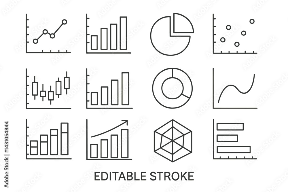 Poster vector icon set featuring various graph and chart designs for data visualization needs