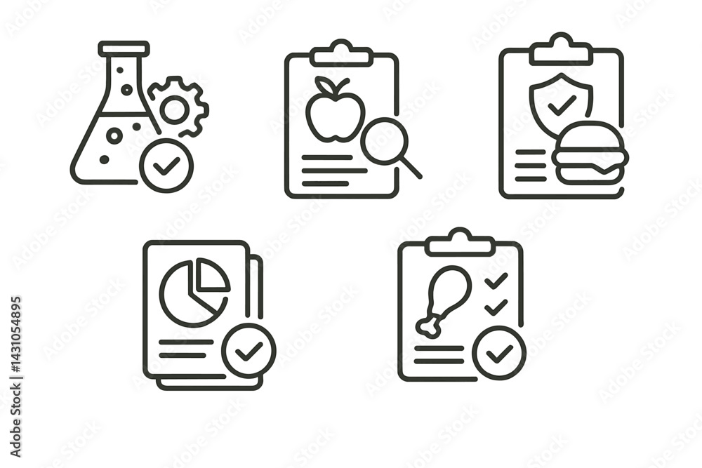 Poster vector icon set showcasing various checklist items related to science, food, and data analysis in a 