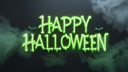 Glowing green "Happy Halloween" text with smoke and bat silhouettes with festive, spooky mood