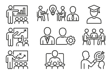 Vector icon set showcasing various educational activities and professional settings for presentations and discussions