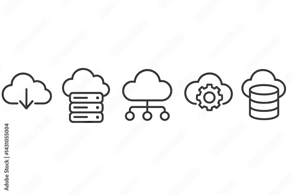 Poster vector icon set representing cloud computing features for data management and storage solutions