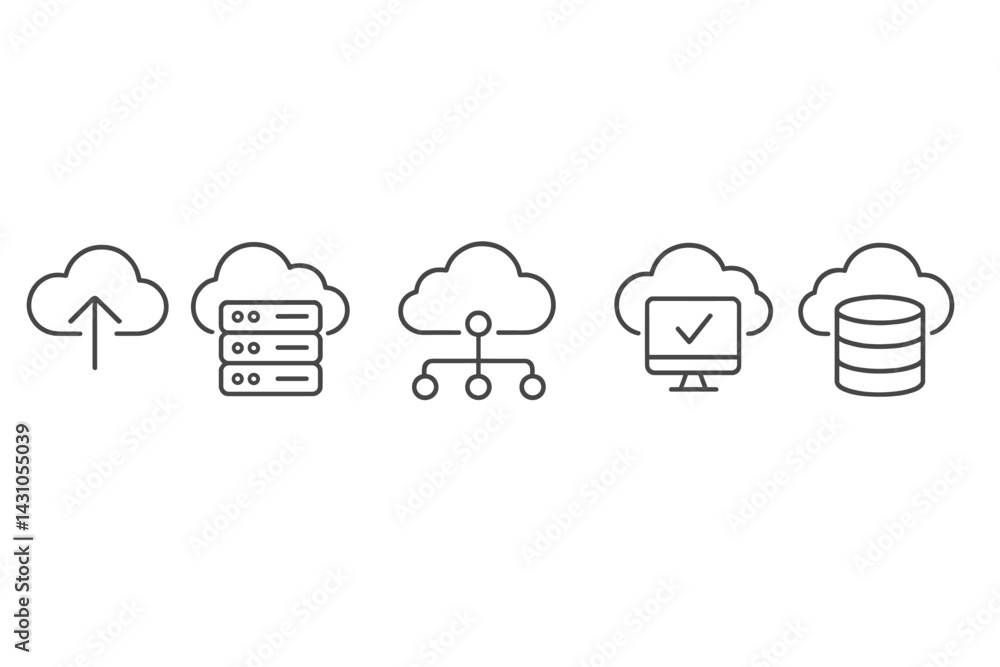 Poster vector icon set depicting cloud computing concepts including upload, data storage, cloud network, ve