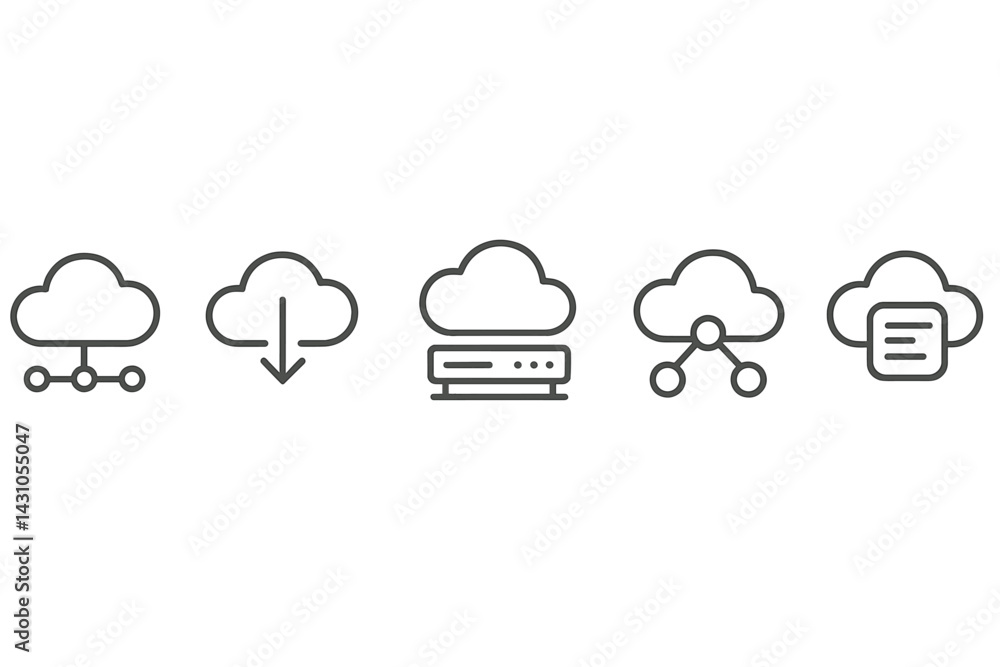 Poster vector icon set showcasing cloud computing symbols representing data transfer, storage, and connecti