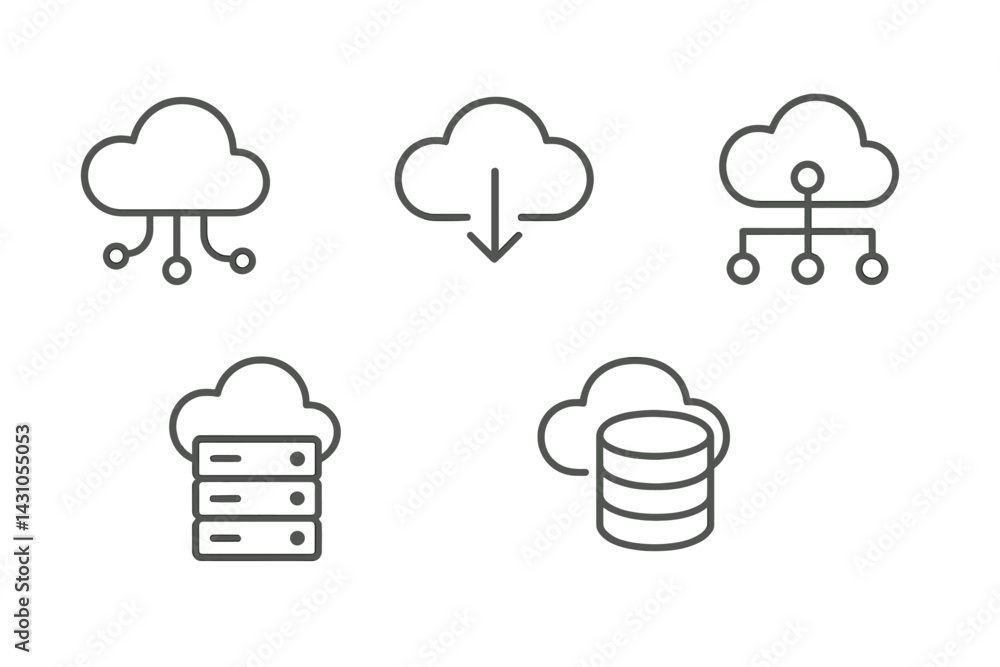 Poster vector icon set showcasing various cloud computing symbols and data management concepts in a minimal