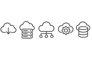 Vector icon set representing cloud computing features for data management and storage solutions
