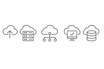 Vector icon set depicting cloud computing concepts including upload, data storage, cloud network, verification, and database management
