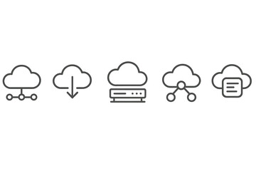 Vector icon set showcasing cloud computing symbols representing data transfer, storage, and connectivity