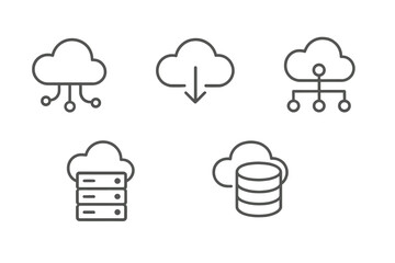Vector icon set showcasing various cloud computing symbols and data management concepts in a minimalist design