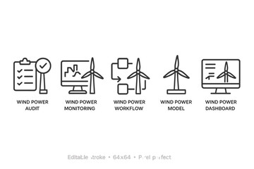 Collection of vector icons illustrating wind power audit, monitoring, workflow, model, and dashboard for energy management