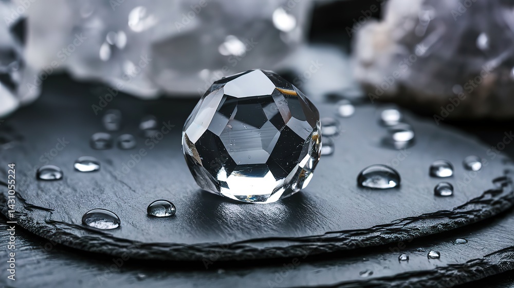 Fototapete close-up of a crystal with polished facets on a wet slate slab with individual drops of
