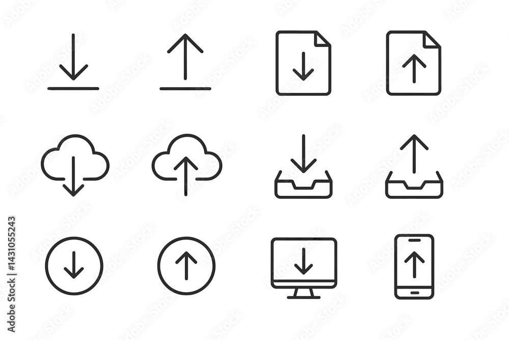 Poster vector icon set featuring upload and download symbols for various digital activities