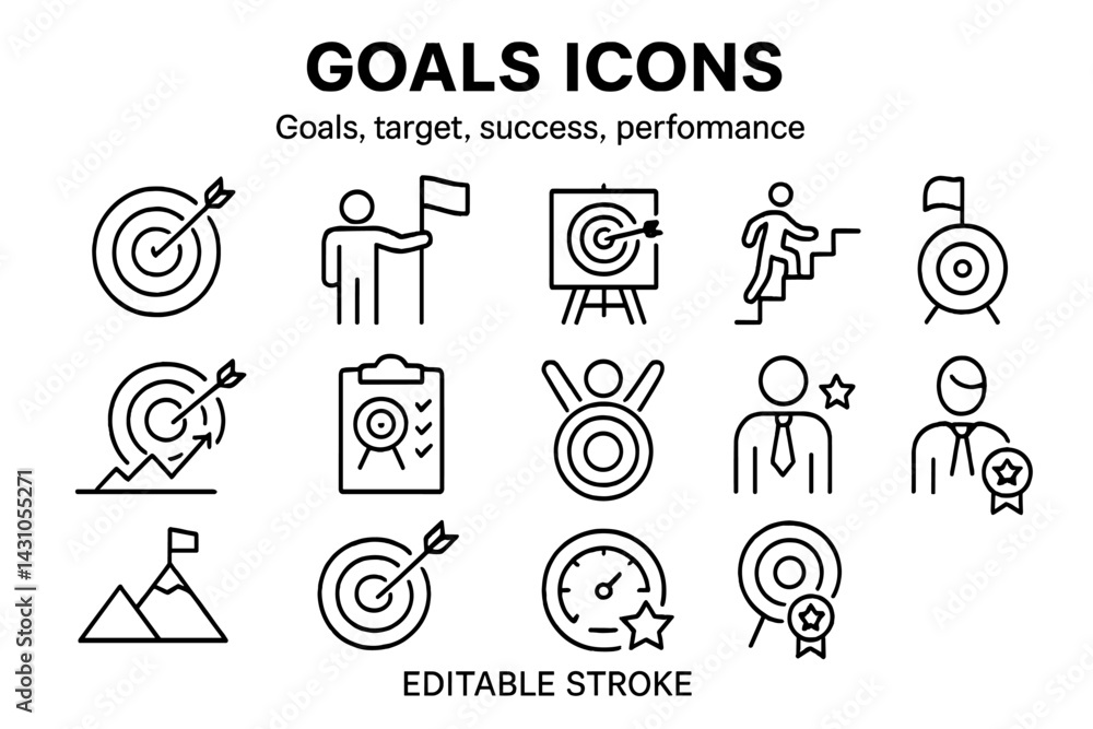 Poster vector icon set for representing goals, targets, success, and performance in various activities and 