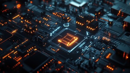 Obraz premium An abstract cyber network featuring glowing connections, data nodes, and AI-powered processing elements