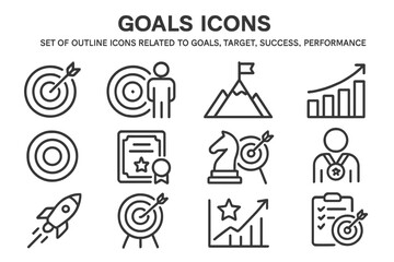 Collection of vector outline icons representing goals, targets, and performance indicators for success visualization and planning