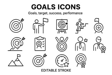 Vector icon set for representing goals, targets, success, and performance in various activities and contexts