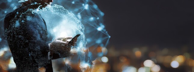 a digital globe with network connections and a businessman holding a mobile phone on a city background