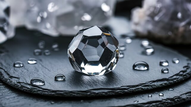 Close-up of a crystal with polished facets on a wet slate slab with individual drops of