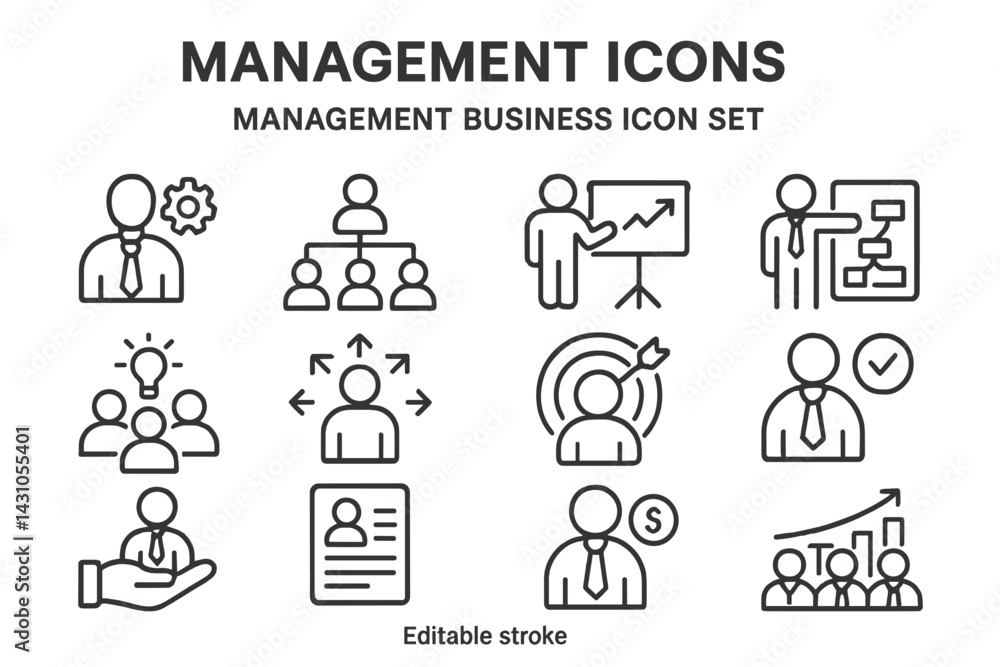 Aufkleber management icon set showcasing various elements of business operations and teamwork