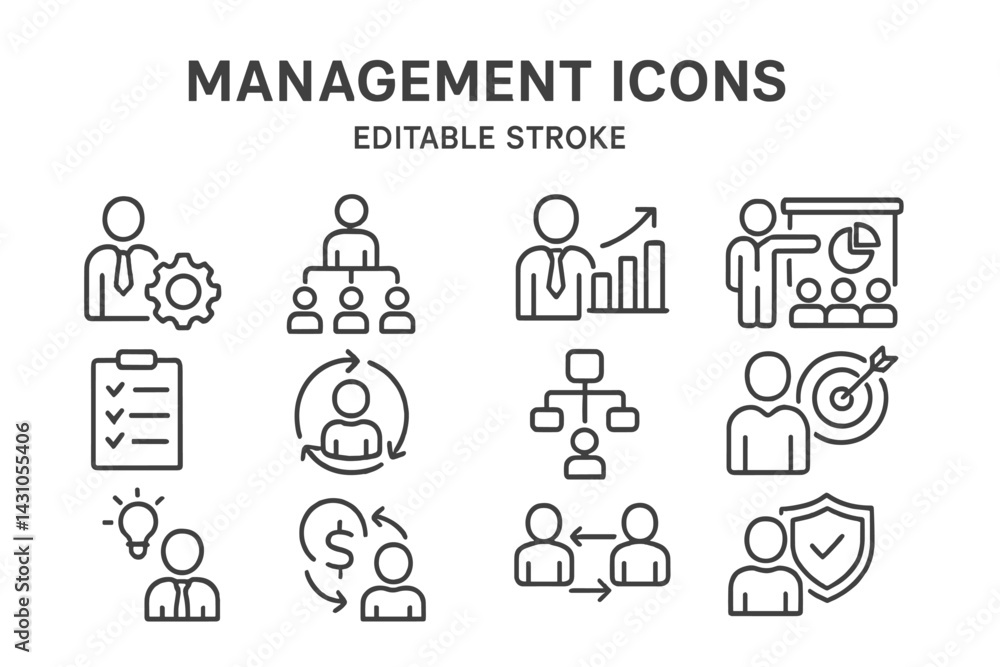 Poster vector icon set representing various management concepts including teamwork, leadership, planning, a