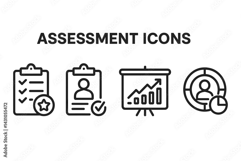 Poster vector icon set showcasing various assessment symbols for performance evaluation and analysis tasks