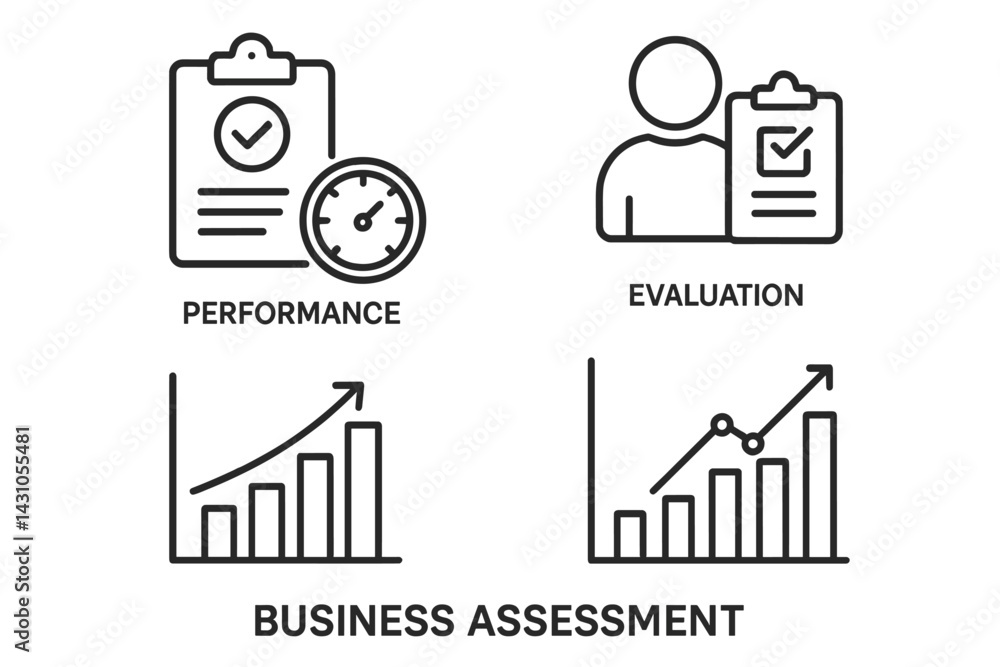 Poster vector icon set depicting performance evaluation and business assessment metrics with growth charts