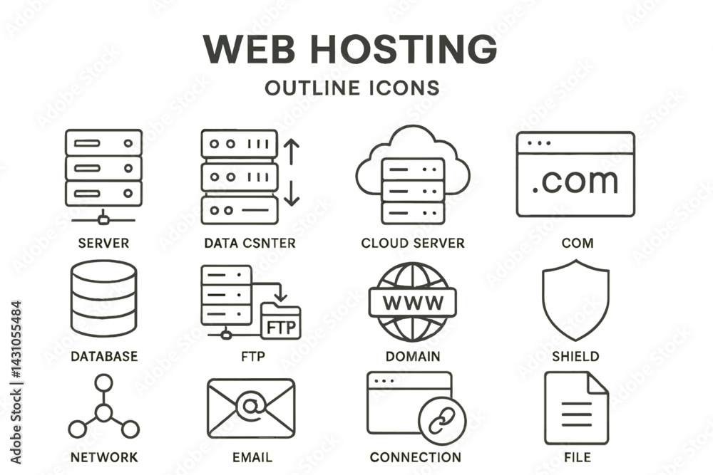 Poster web hosting outline vector icon set featuring essential symbols for online services and data managem