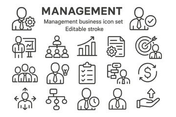 Management business icon set featuring essential symbols for organizational and strategic planning activities