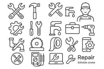 Vector icon set featuring tools and repair symbols for handyman and construction activities
