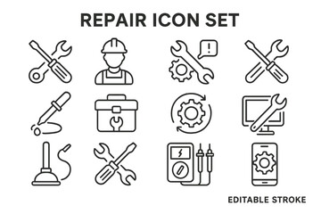 Collection of repair vector icons showcasing tools, handyman, and essential equipment for various repair tasks