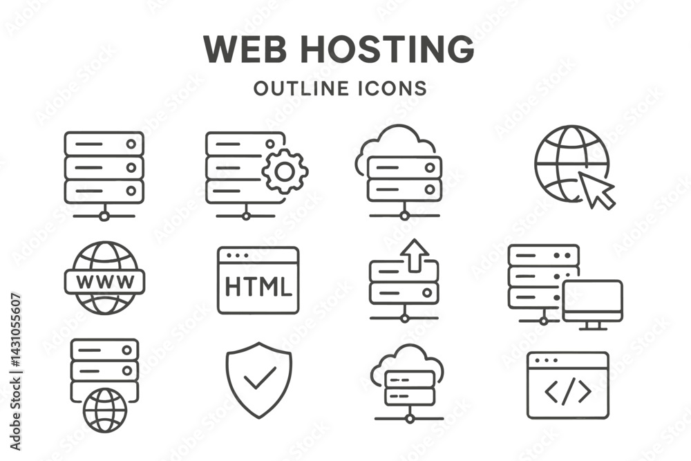 Poster vector icon set showcasing web hosting elements, including servers, clouds, and coding symbols for d