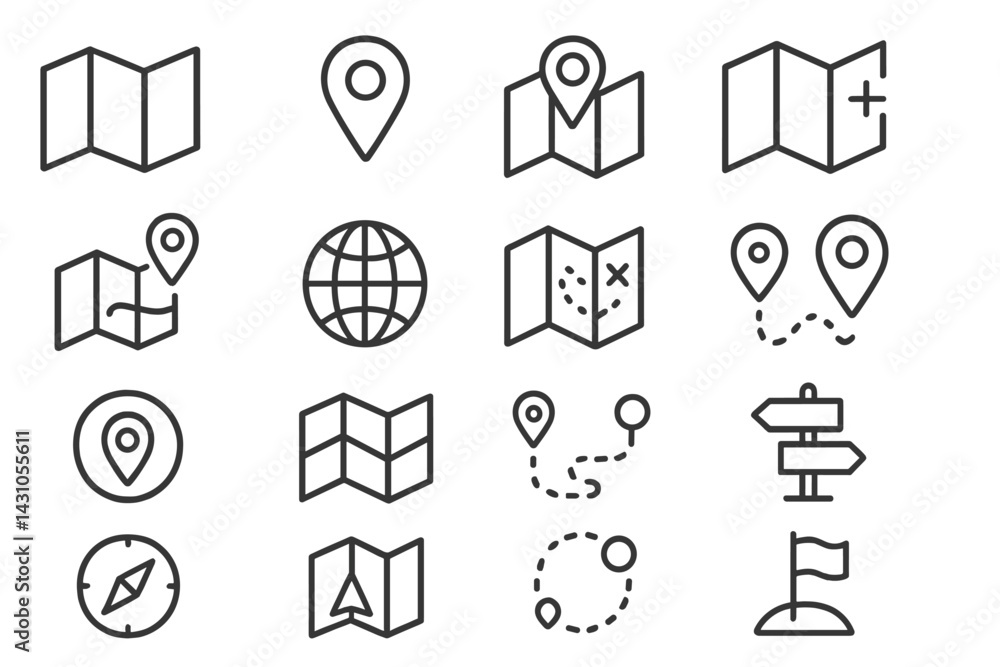 Poster vector icon set featuring maps and location markers for navigation and travel applications