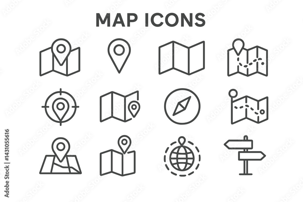 Poster vector icon set showcasing various map-related symbols for navigation and location services in a min