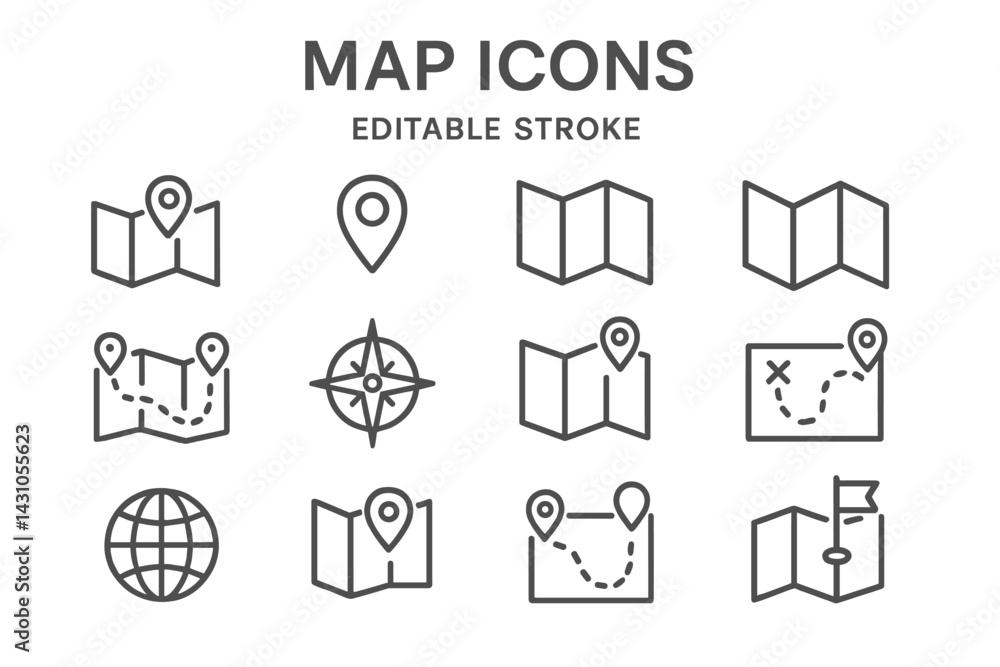 Poster vector icon set featuring various map symbols and navigation elements for digital applications and g