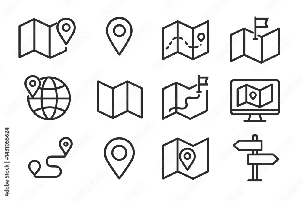 Poster vector icon set featuring maps, navigation markers, and location symbols for travel and exploration