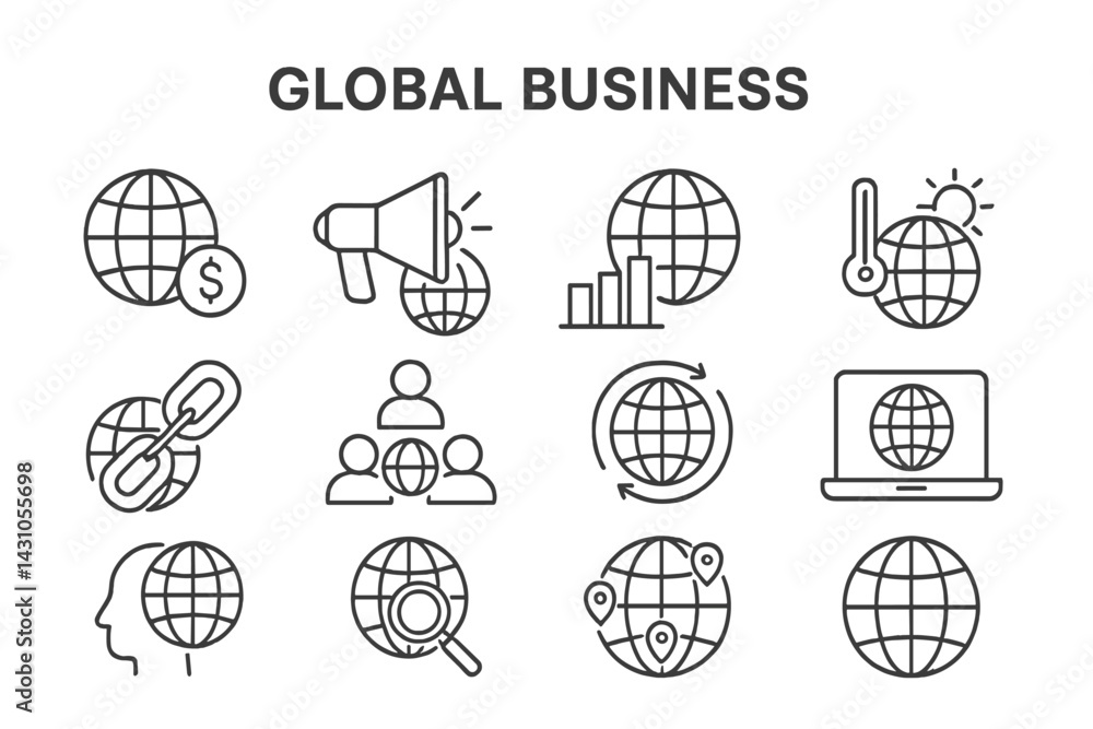 Poster vector icon set representing various aspects of global business including communication, analytics, 