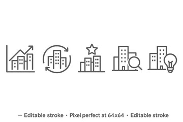 Vector icon set featuring business and finance symbols with buildings and other design elements for modern applications