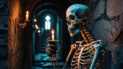 Human skeleton holding a lit candle in a dark stone corridor with mysterious mood
