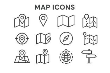 Vector icon set showcasing various map-related symbols for navigation and location services in a minimalistic style