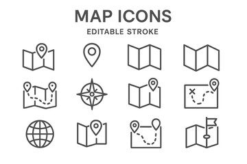Vector icon set featuring various map symbols and navigation elements for digital applications and graphic design projects