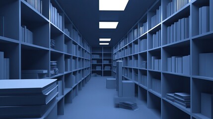 Obraz premium Long aisle of archive shelves in a cold, sterile environment with fluorescent lighting
