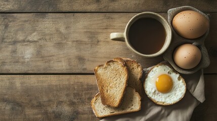 Morning Delight, Rustic Breakfast Scene with Coffee, Eggs, and Toast