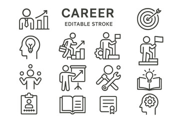 Vector icon set showcasing various career-related concepts and activities for professional growth and development