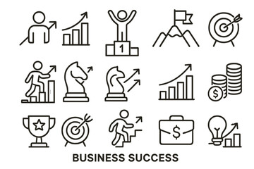 Icon set representing business success with achievement symbols and motivational graphics for professional use
