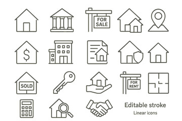 Fototapeta premium Vector icon set showcasing real estate symbols for sale, rent, and property transactions in a clear linear design