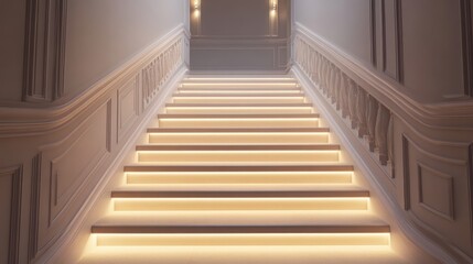 Elegant staircase with warm lighting leading to softly illuminated hallway