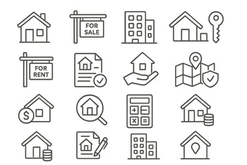 Vector icon set depicting real estate symbols for sale, rent, keys, and property management activities