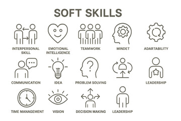 Diverse vector icons representing essential soft skills for personal and professional growth